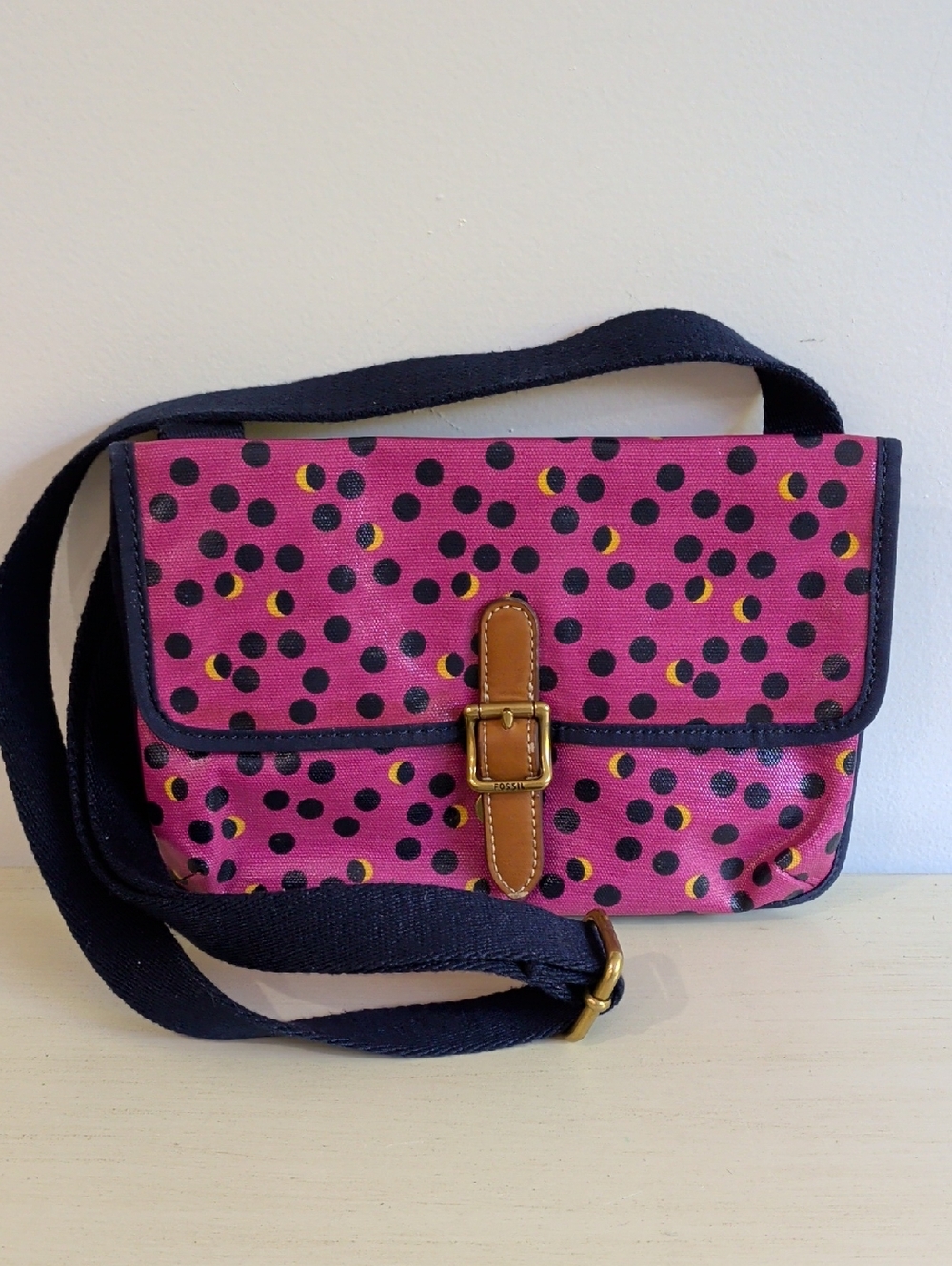 Vintage Fossil Pink And Blue Polka Dot Crossbody Bag with Leather Buckle